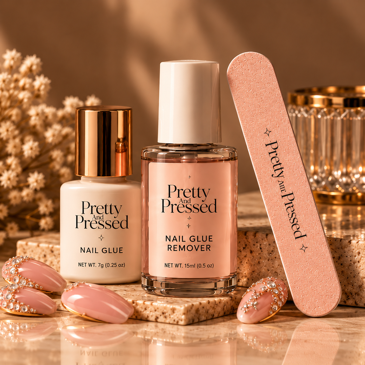 Pretty and Pressed Nail Necessities Kit with nail glue, glue remover and nail file