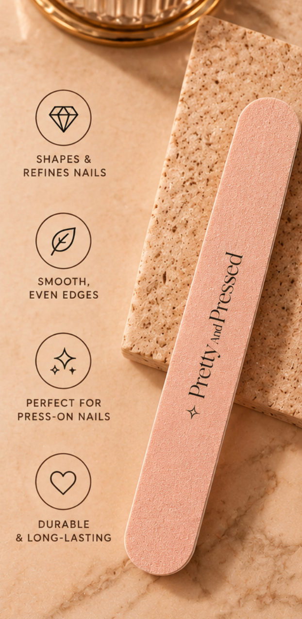 Nail file for shaping press-on nails by Pretty and Pressed