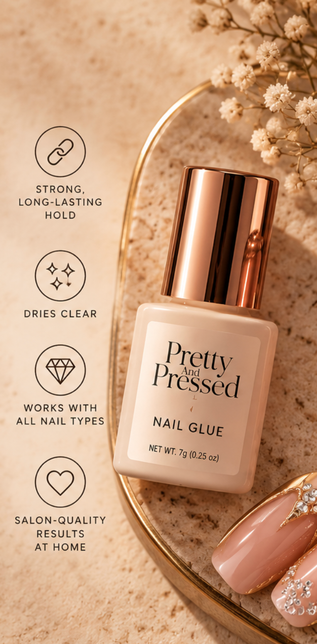Press-on nail glue bottle by Pretty and Pressed